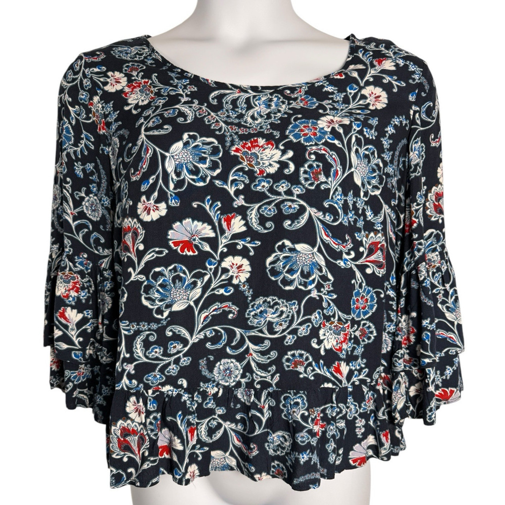 Solitare Women's Sz Med‎ Tiered Ruffle 3/4 Bell Sleeve Ruffle Hem Blue W/Flowers
